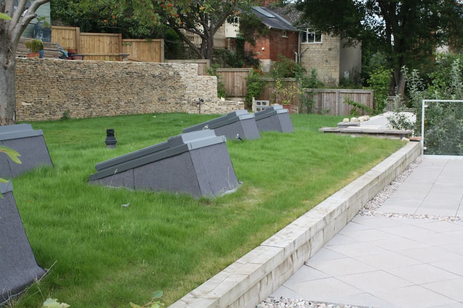 photo of a green roof with built-in skylights