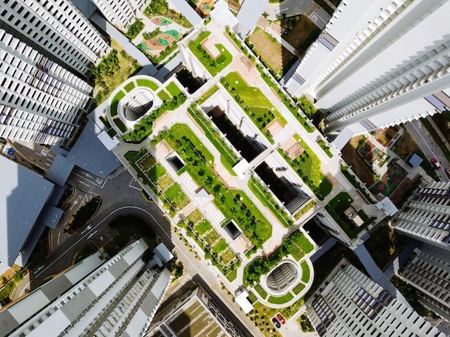 A birdseye view of a walkable green roof